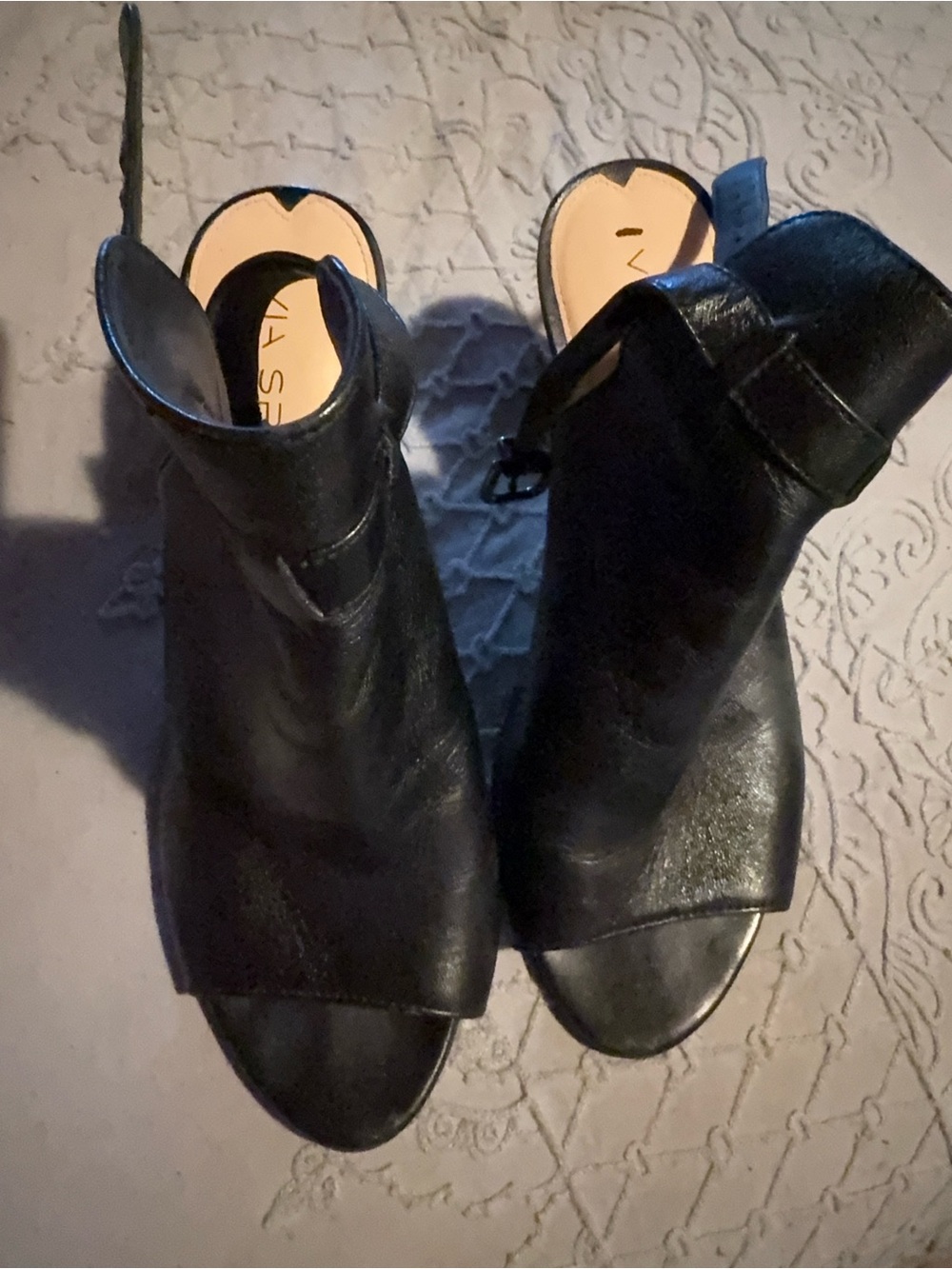 Via Spiga Black Open-Toe Leather Mule Booties